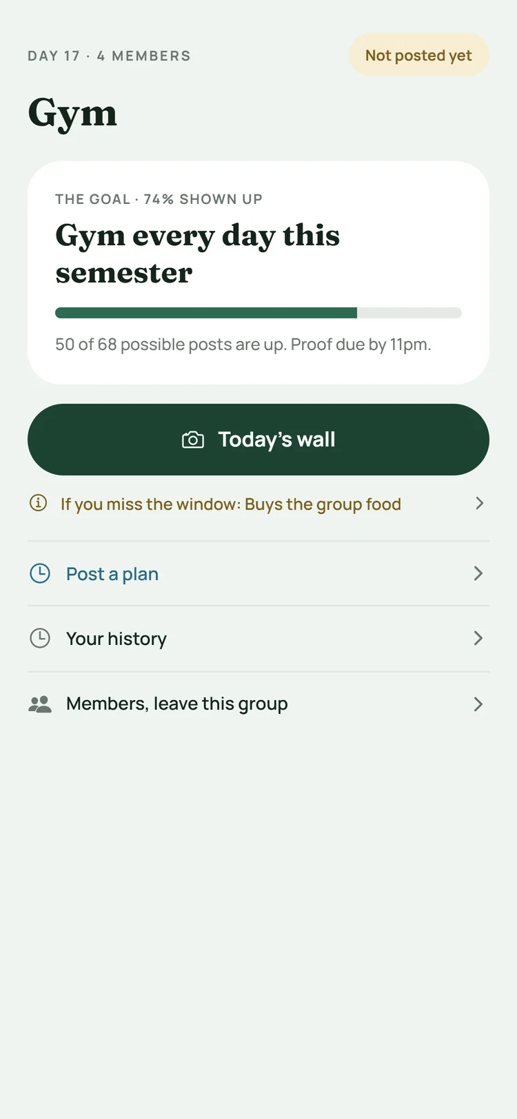 A group called Gym on day 17, with the goal Gym every day this semester and 74 percent shown up.