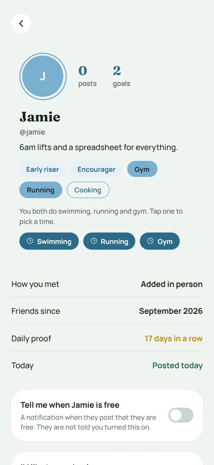 Jamie's profile, showing that you both do swimming, running and gym, with a button for each.