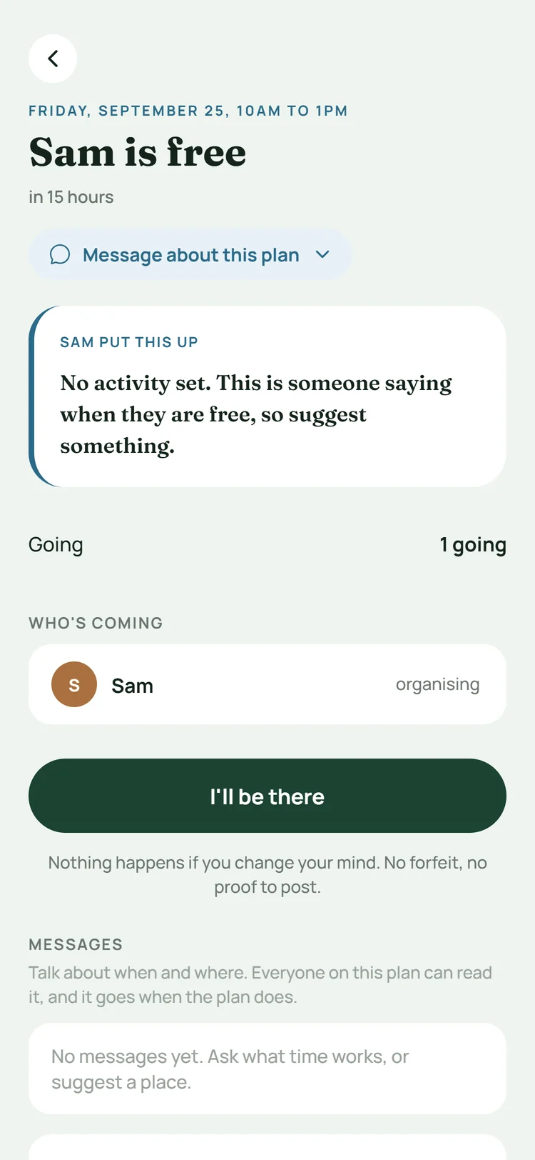Sam's plan for Friday morning, with an I'll be there button and a message thread for the plan.