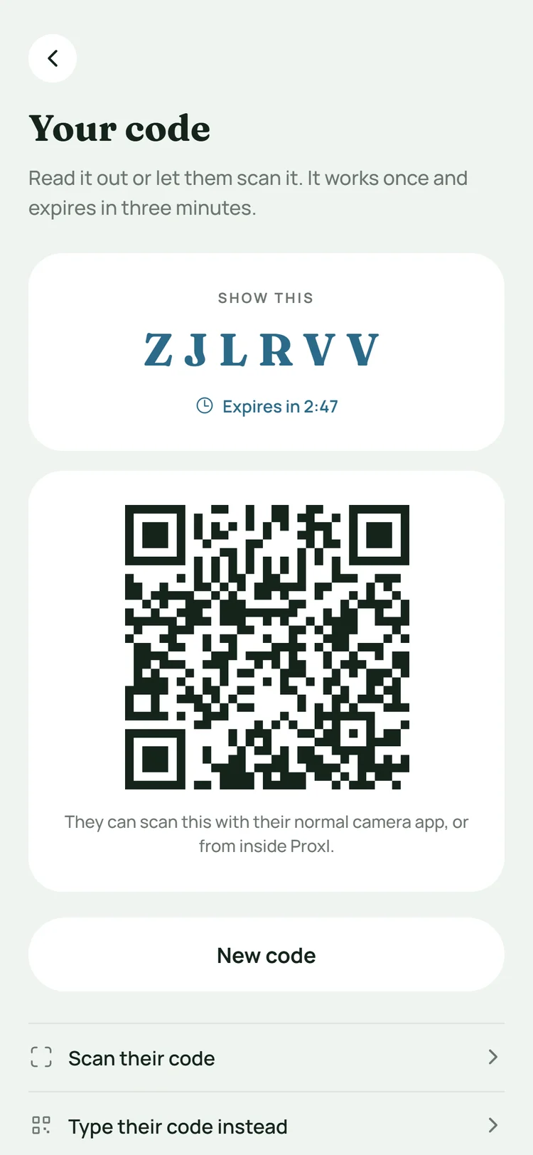 The Your code screen, with a six-letter code and a QR code that expires in under three minutes.