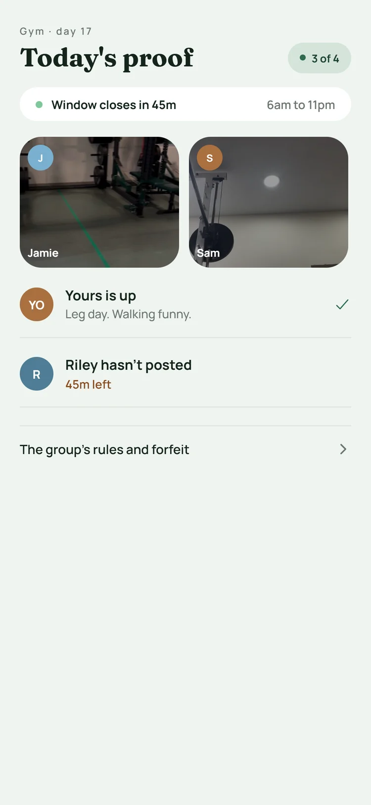 Today's proof, unlocked, with Jamie's and Sam's gym photos.